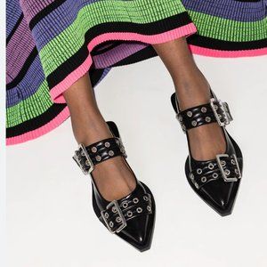 GANNI Buckled Point-toe Leather Flats